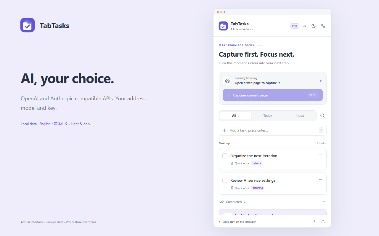 TabTasks side panel with sample data